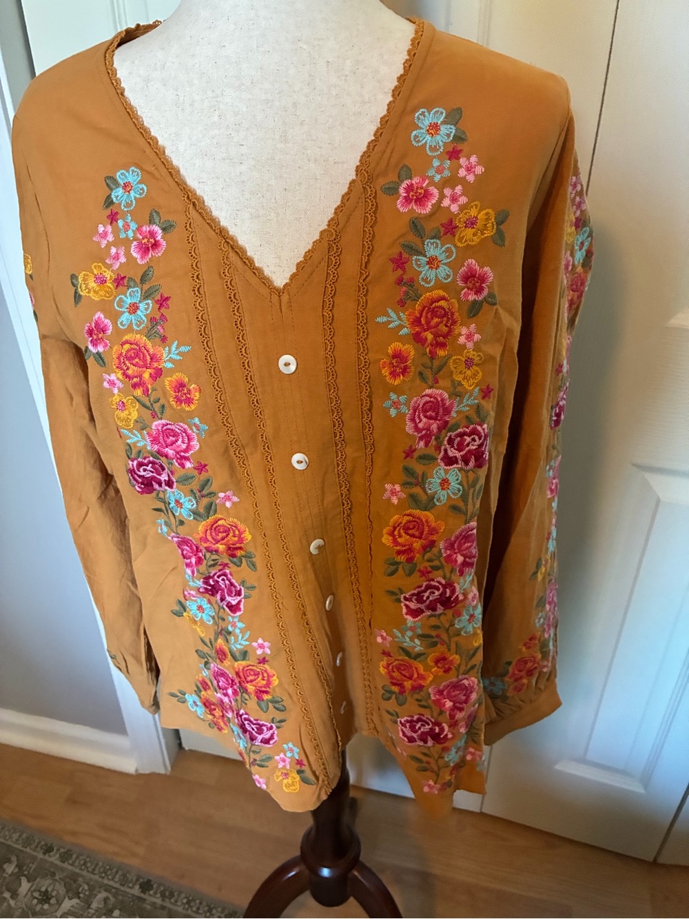 Savanna Jane Mustard Embroidered Floral Button-Front Blouse, Stunning!